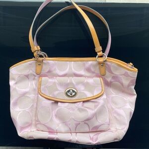 Coach Leah Pink Signature Print Tote Bag with Tan Trim